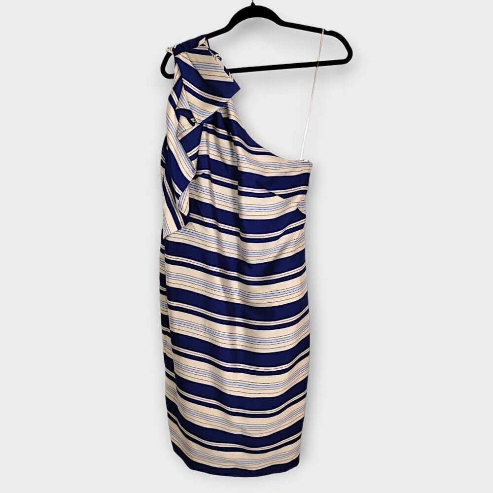 Banana Republic Womens Dress |  Sz 12 | One Shoulder Bow Stripe Satin Blue‎ Glam